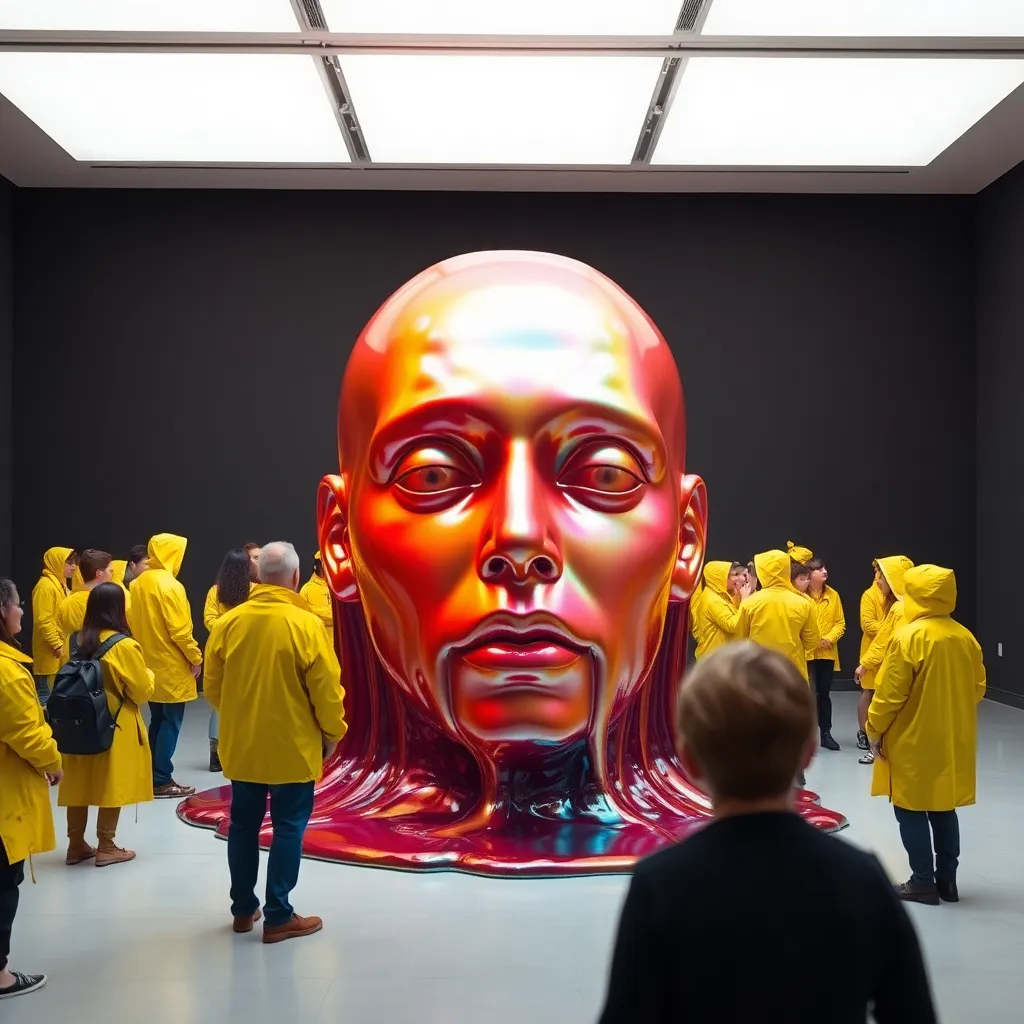 An avant-garde art gallery installation featuring a giant, melting sculpture of a human face made of shimmering, multicolored gelatin, surrounded by spectators in yellow raincoats.