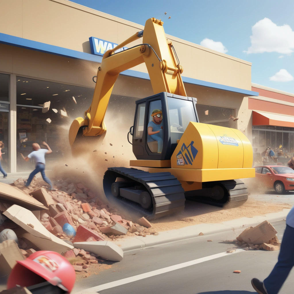 A fictional illustration of the excavator smashing into the Walmart store