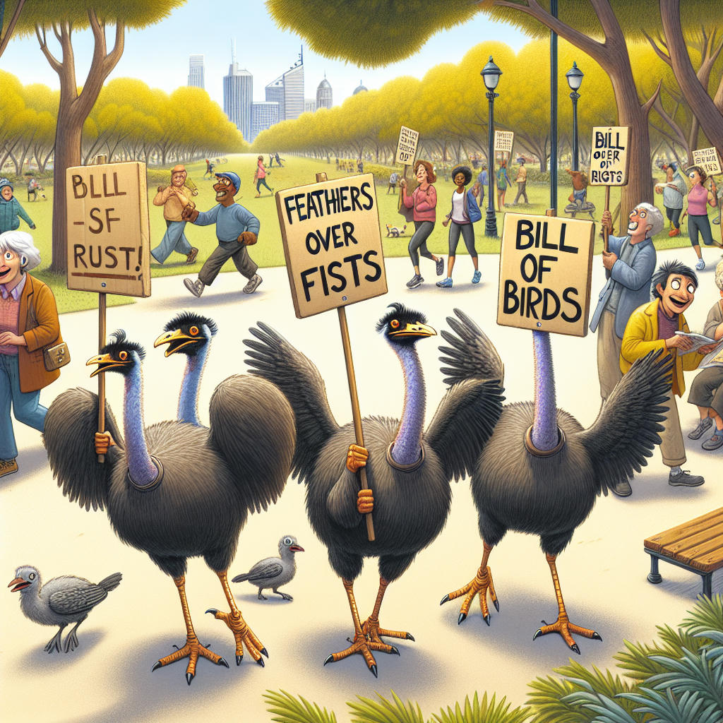 Emus holding protest signs
