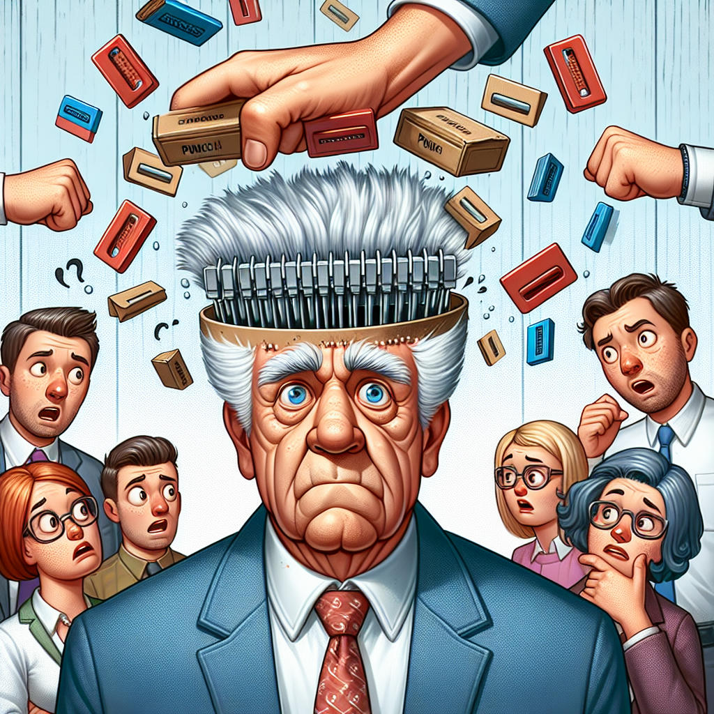 a humorous cartoon of Joe Biden with punchcards coming out of his head, surrounded by confused staff, high detail, vibrant colors