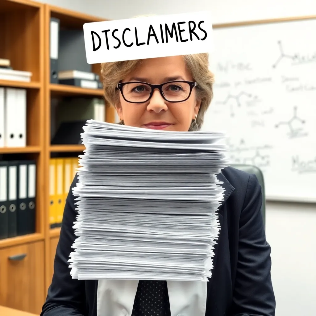 Professor Linda Harrow‑Smythe delivering a quote “through a stack of disclaimers”