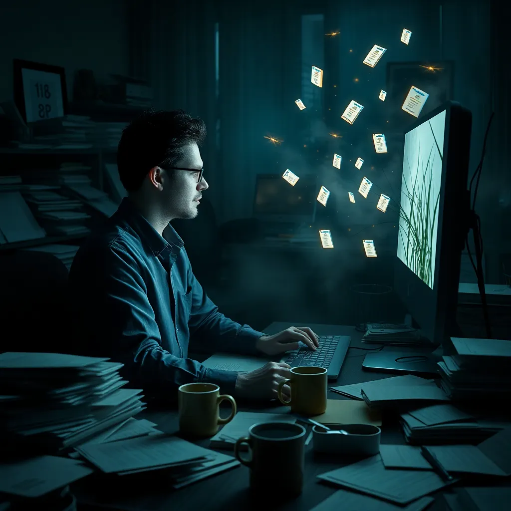 an overwhelmed office worker at night staring at a glowing computer screen, papers, folders, and coffee cups everywhere, while elegant swamp elements emerge from the monitor into the room—mist, reeds, fireflies, and floating file icons—moody cinematic scene, richly detailed, absurd but believable
