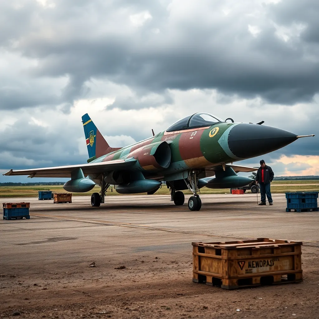 a compact improvised jet fighter on a rough airstrip in Ukraine, patched but aerodynamic recycled panels, bold national markings, mechanics making final checks, crates of salvaged parts nearby, cloudy dramatic sky, realistic military documentary style