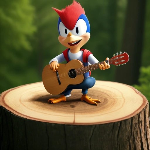 Woody Woodpecker with his guitar, determined to succeed