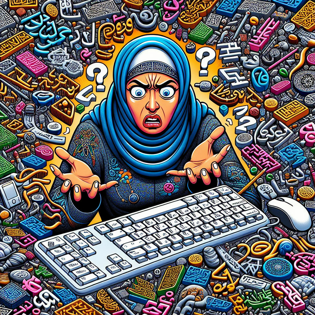 a person looking exasperated while trying to use a complex, overly complicated keyboard, surrounded by various cultural symbols and characters, humorous and exaggerated, cartoon style, vibrant colors, high detail