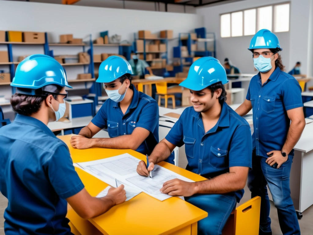 imagem de uma fábrica brasileira com trabalhadores de diferentes raças e idades trabalhando juntos, com equipamentos modernos e seguros, e uma atmosfera de cooperação e solidariedade