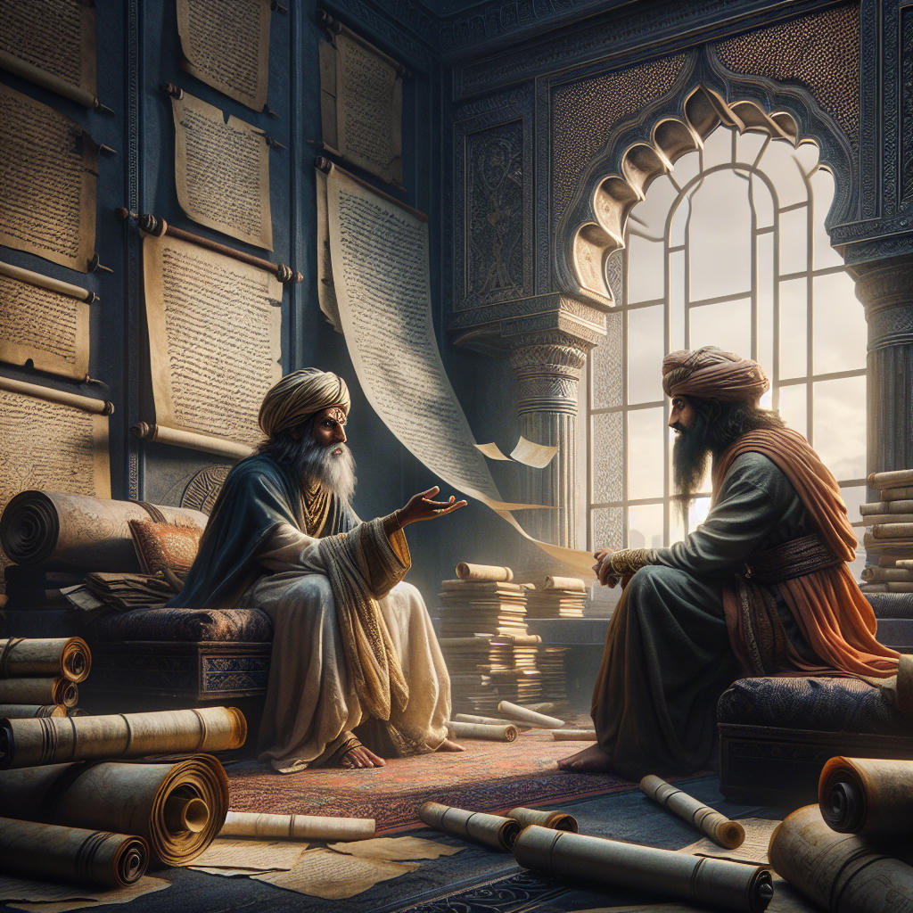 philosophers in deep discussion in an ancient setting, scrolls and manuscripts, high detail, art by midjourney