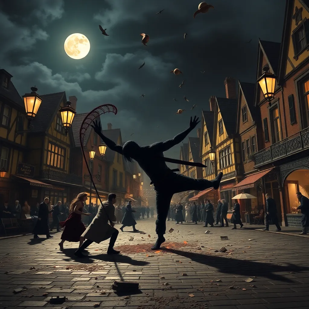 a Victorian-era town square at night in chaos after a martial arts catastrophe, lamp posts bent at impossible angles, townspeople in stunned poses, debris swirling, eerie shadow creature mid-roundhouse kick, moonlit dramatic scene