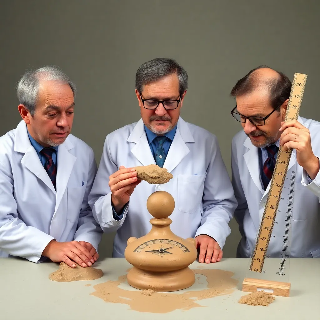 three disheveled economists in lab coats conducting absurd experiments: one microwaving clay while crying, another trying to balance a clay lump on a sundial, third measuring mud with a ruler labeled 'temporal viscosity'