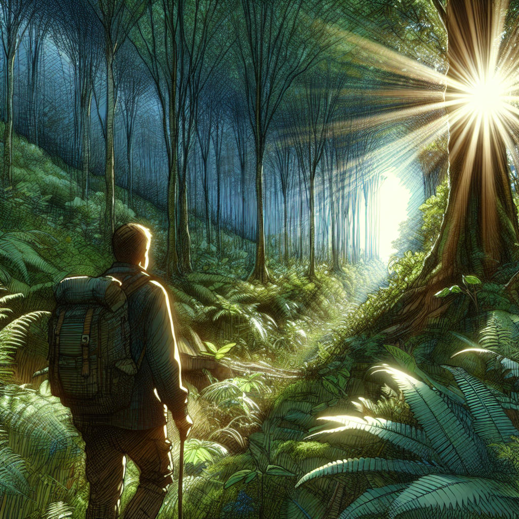 A person hiking in a lush forest, surrounded by tall trees and sunlight filtering through the leaves, with a look of awe and contentment, natural lighting, detailed and realistic, serene and peaceful atmosphere