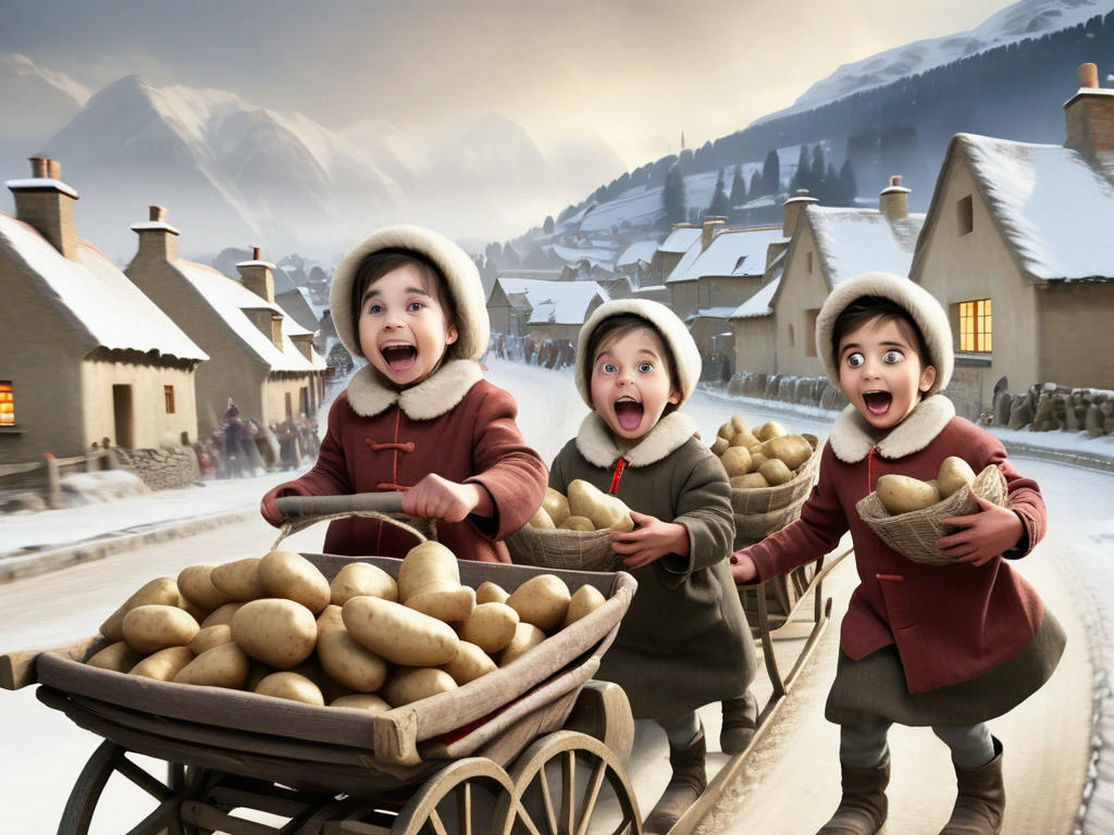 children receiving sacks of potatoes from a sleigh, excited and surprised, with a snowy village backdrop