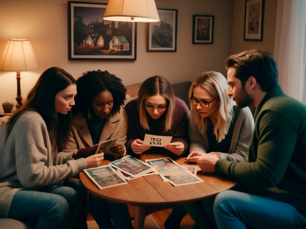 A group of friends in a cozy apartment, looking at a mysterious postcard with the words 'I need a rabid'