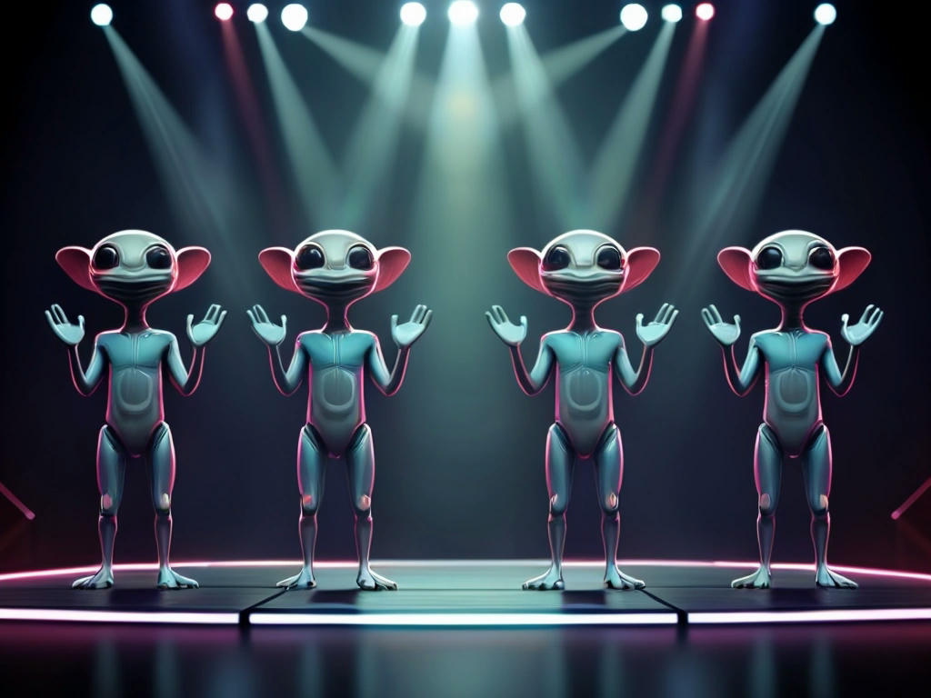 a group of software developers clapping and smiling, with five small shoulder aliens standing on a stage, looking proud