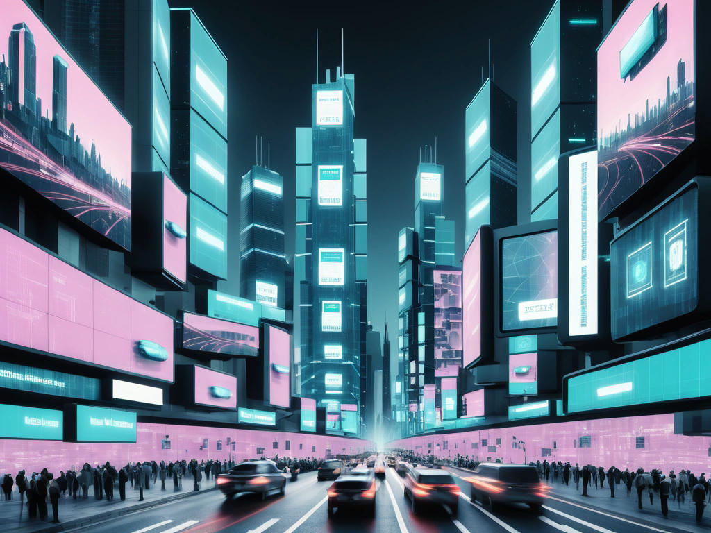 a cityscape with numerous surveillance cameras and digital billboards displaying data streams