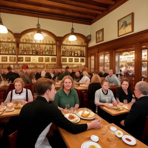Crowded German restaurant with excited tourists