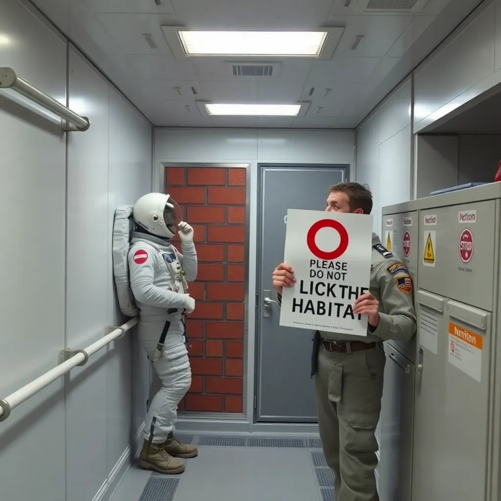 Astronaut in habitat corridor being told “Please do not lick the habitat”