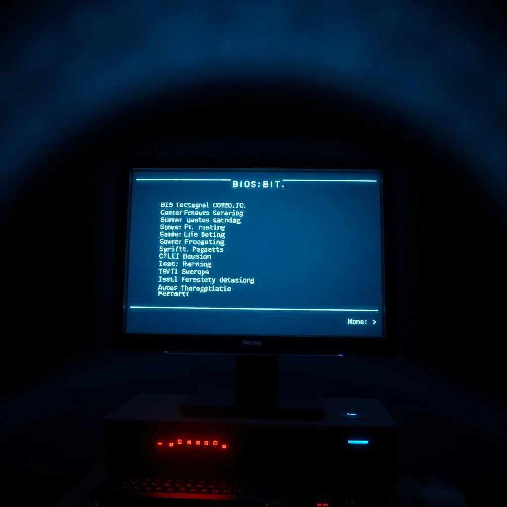a surreal BIOS setup screen floating in dark digital space, menu items transformed into philosophical glowing buttons, old motherboard beneath, monitor emitting mysterious blue light, retro-futuristic, highly detailed
