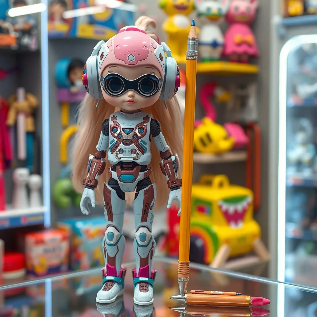 A futuristic multi-functional doll and pencil, with various attachments and features, displayed in a toy store