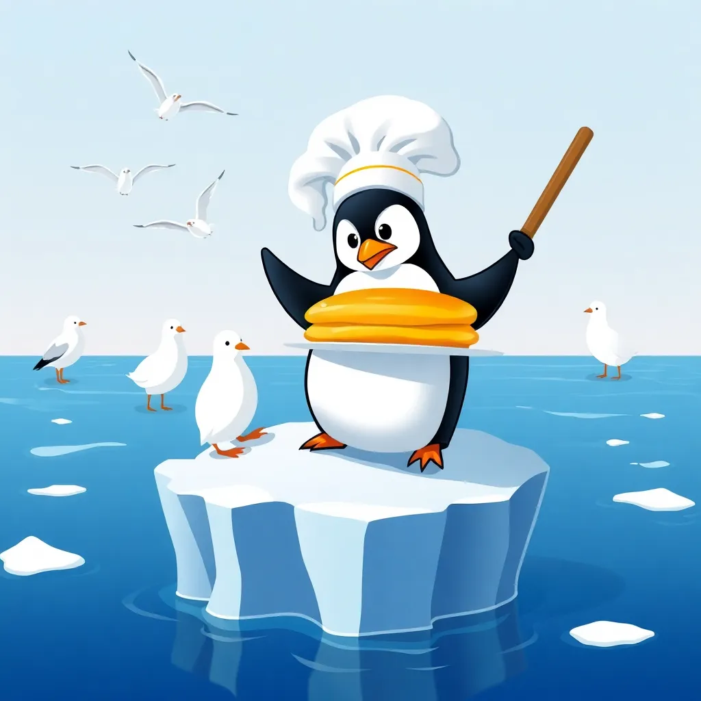 A confused penguin wearing a chef's hat attempting to flip pancakes on a melting iceberg, seagulls stealing ingredients, comically oversized spatula