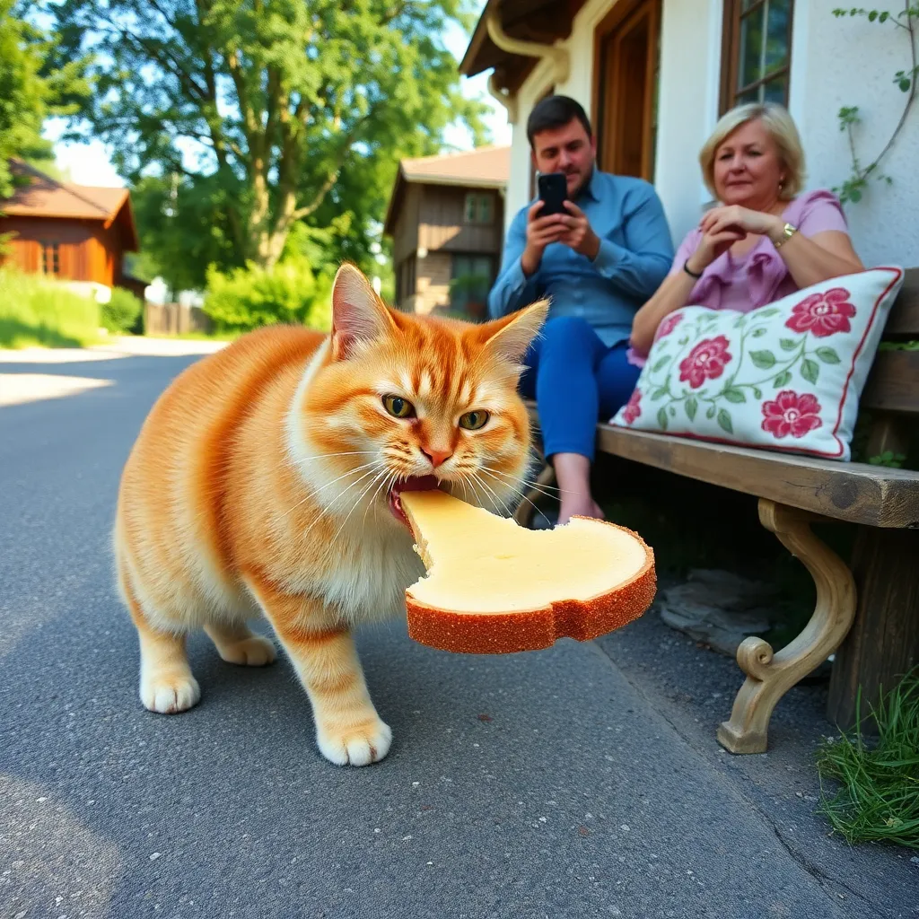 a chubby ginger cat attempting to bite a slice of salo on a village road, a wooden bench with embroidered vyshyvanka pillows nearby, a confused tourist holding a selfie stick, sunny afternoon