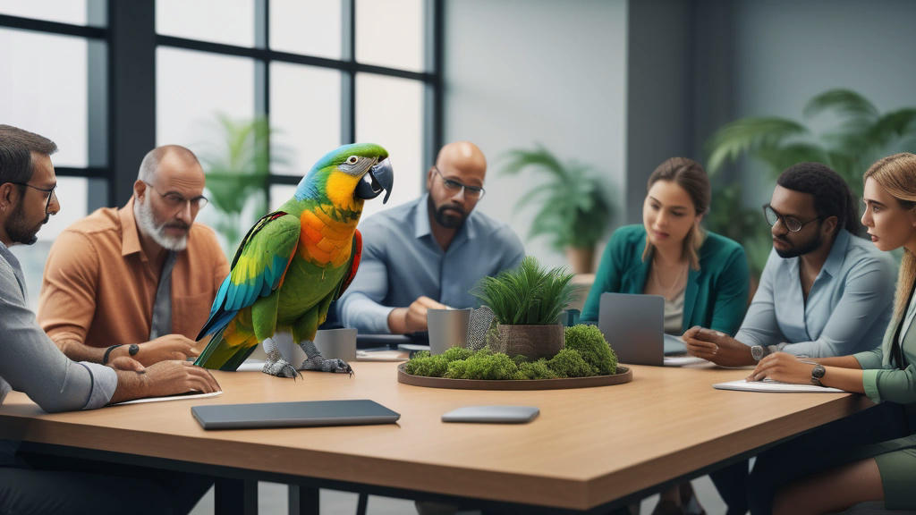 A diverse group of office employees collaborating around a table, a vibrant Amazon parrot perched on a stand nearby, everyone engaged in discussion, high quality, extremely detailed, photorealistic, natural lighting