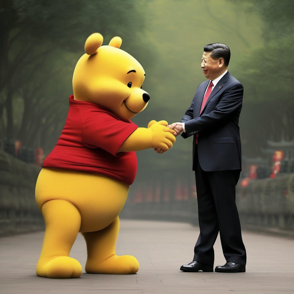 A photoshopped image of Xi Jinping and Winnie the Pooh holding hands.