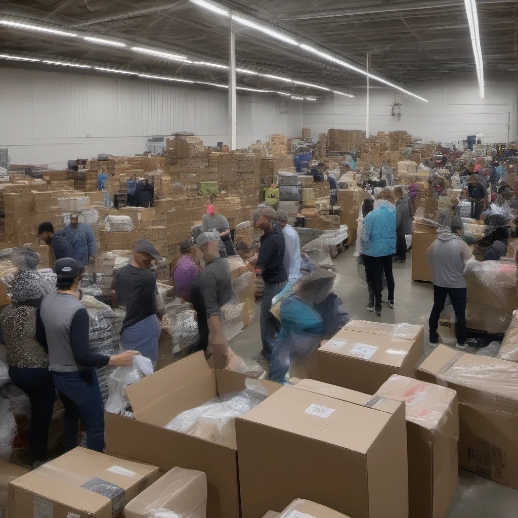 Crowded warehouse with Justin Montclair blending in