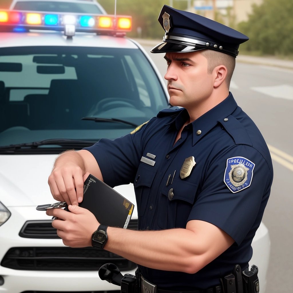 Confused police officer with empty license plate holder