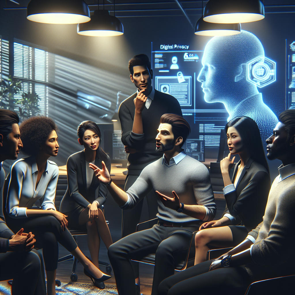 A group of people discussing digital privacy concerns in a modern office setting, high quality, extremely detailed, photorealistic, dramatic lighting