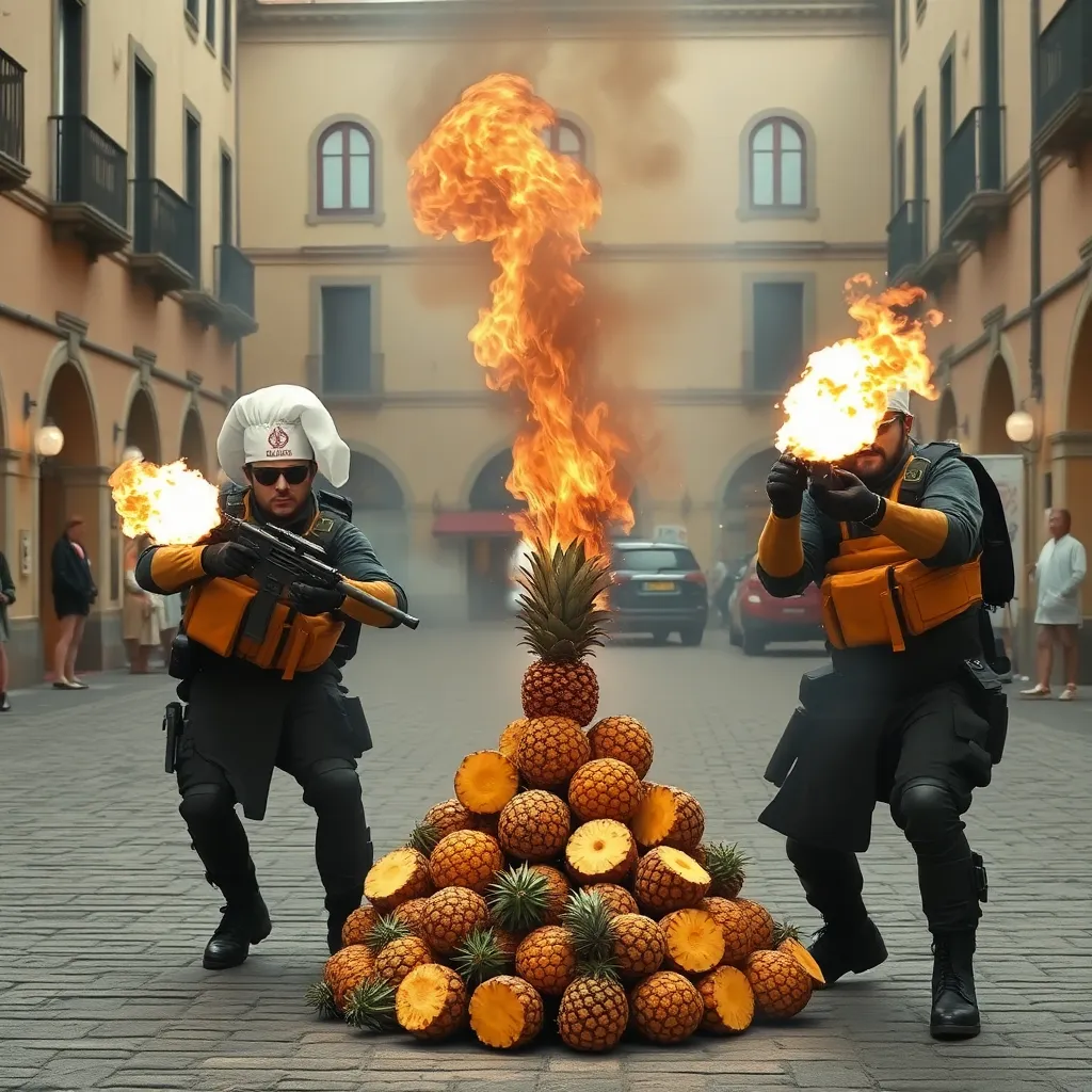 An elite squad of futuristic soldiers in chef hats and tactical gear, wielding flamethrowers shaped like rolling pins, incinerating a pile of pineapples in the middle of a cobblestone piazza, dramatic smoke and fire