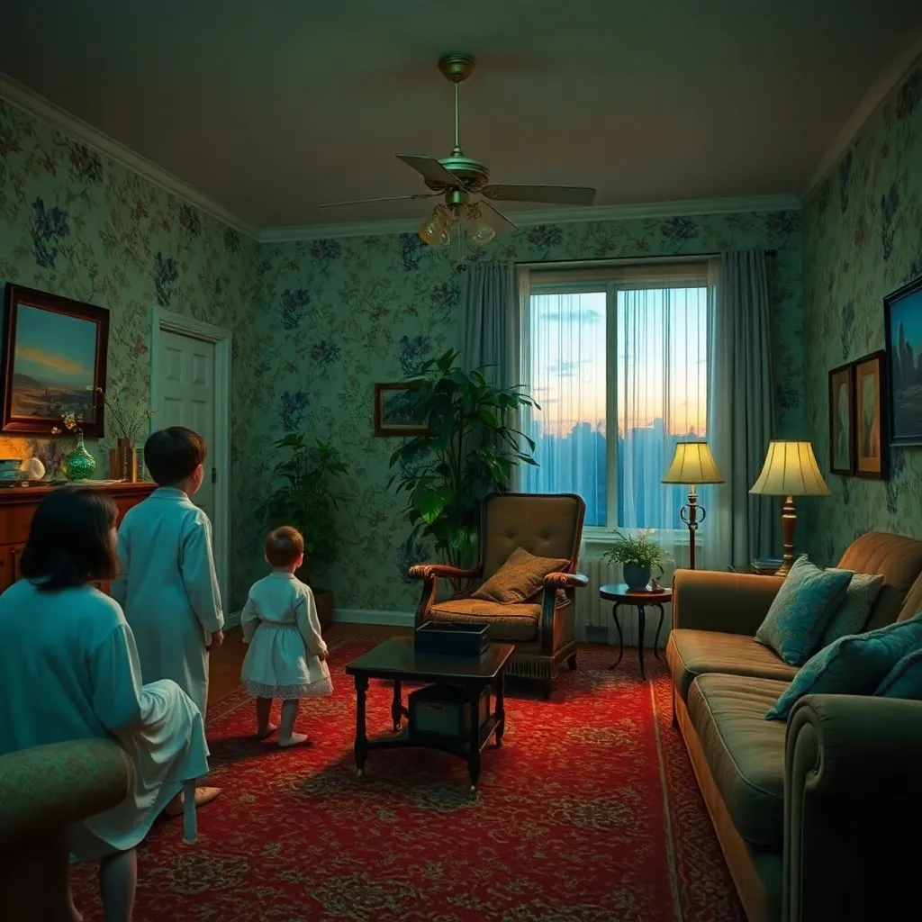 a suburban living room transformed by an incomprehensible infection, wallpaper subtly breathing, a family in dressing gowns staring at a whistling houseplant and an ominous armchair at twilight, eerie but comedic domestic realism