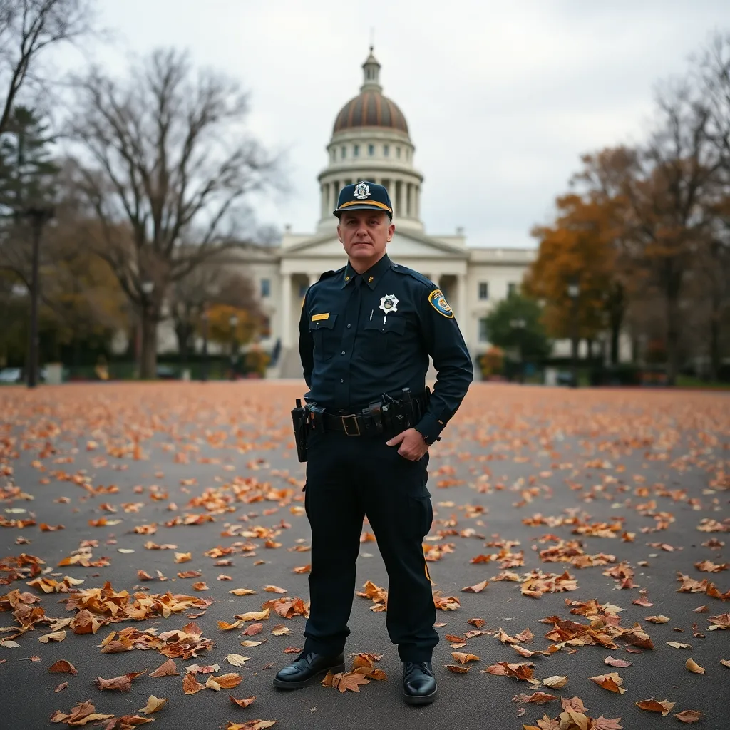 A portrait of a lone state trooper standing in the middle of an empty Boston Common, autumn leaves on the ground, the State House dome in the background, somber and professional composition
