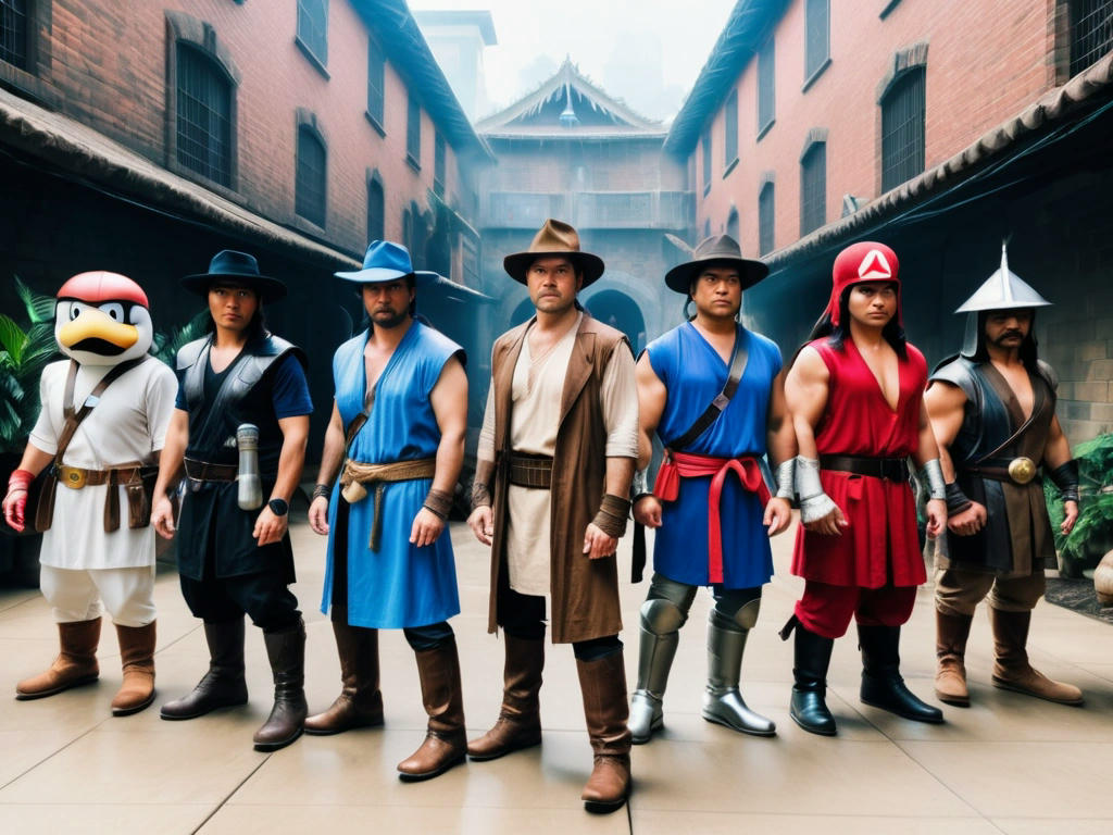 Indiana Jones, Mario, Liu Kang, Sub-Zero, Monty Python knights, Maverick, and Ralph each in their own worlds, looking determined and reflective