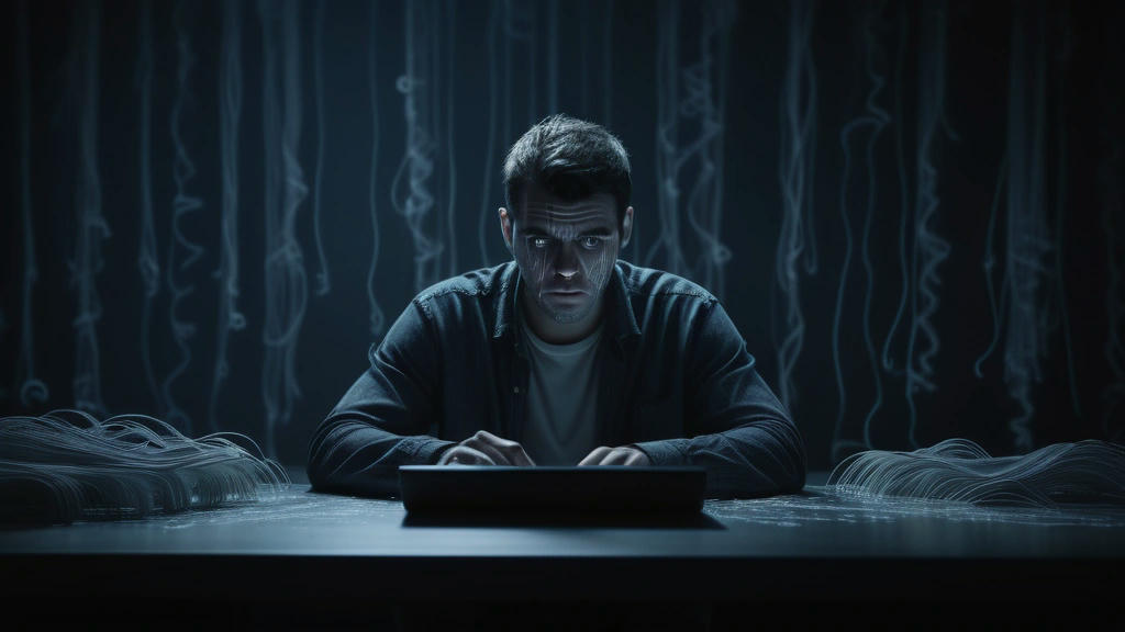 a frustrated programmer sitting at a desk, surrounded by floating, ghostly lines of code, with a haunted expression on their face, high quality, extremely detailed, atmospheric lighting, horror theme