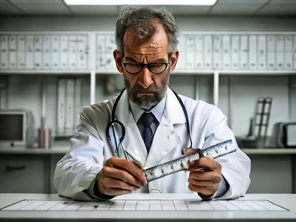 a confused scientist in a lab coat holding a ruler with both metric and Freedom Units, scratching his head