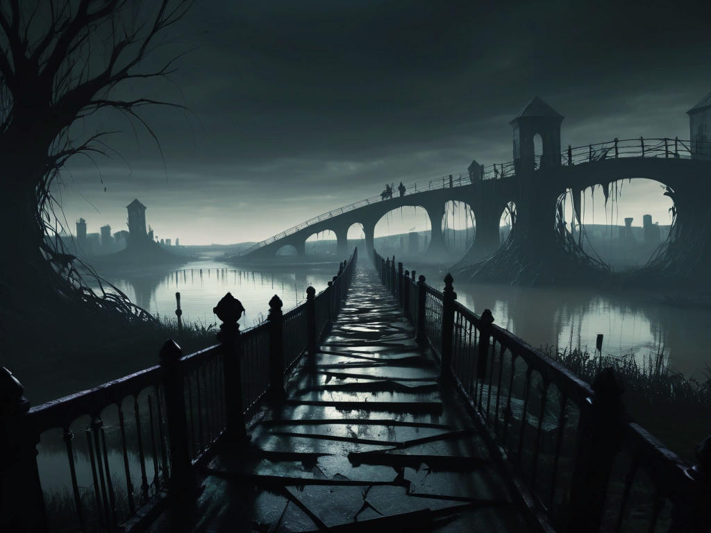 a dark and twisted alternate dimension with lost children wandering, shadows looming, and a broken bridge in the background