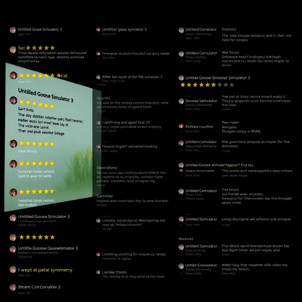 Steam review page filled with 5-star ratings for 'Untitled Goose Simulator 3', quotes like 'The daisy rotation healed my trauma' and 'I wept at petal symmetry', glowing screen in dark room