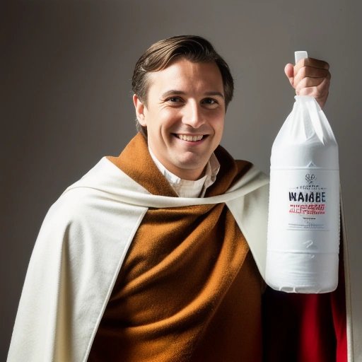 Richard Montgomery with a cape made of toilet paper and a bottle of hand soap sword