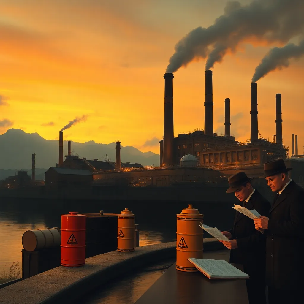 massive 1940s industrial plant near a river at dusk, smokestacks, workers in period clothing, warning barrels, official-looking executives studying hidden reports, ominous orange glow, realistic dramatic composition