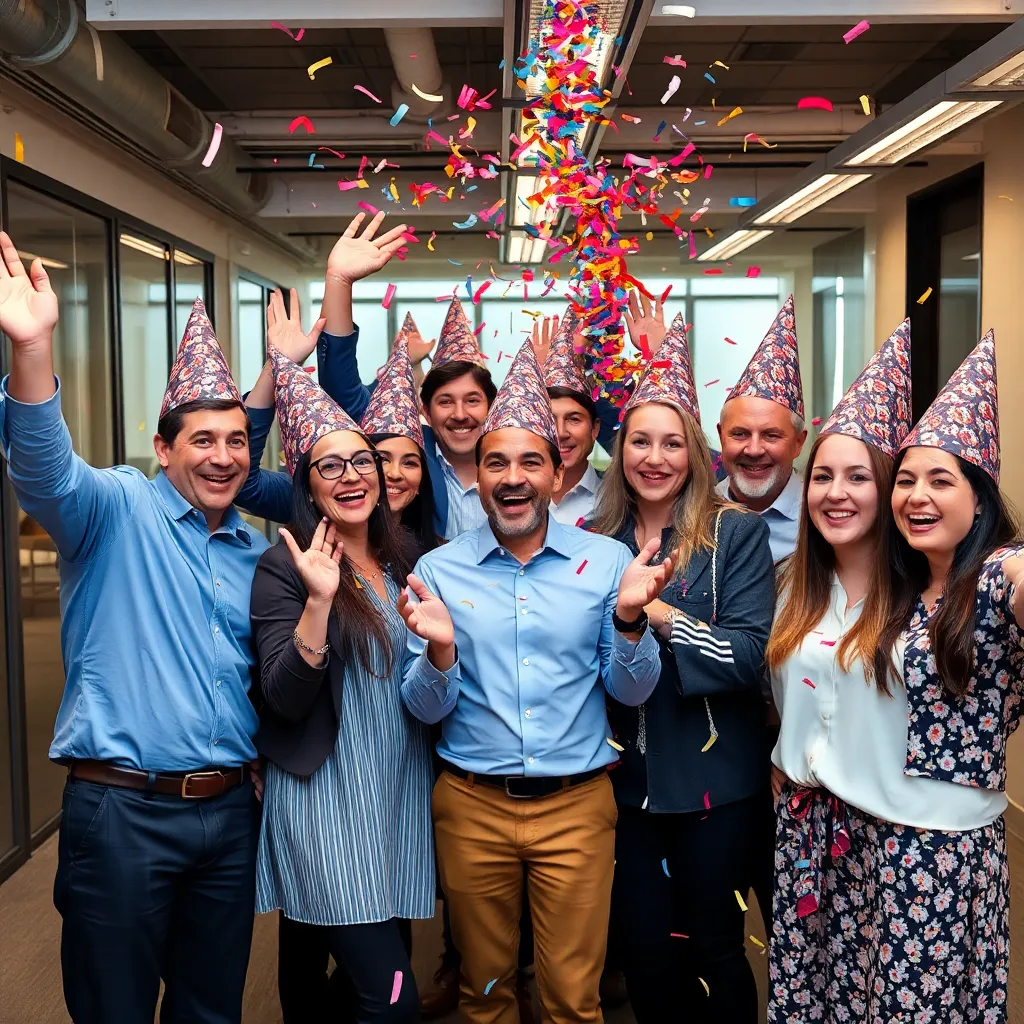 A group of people celebrating with confetti, all wearing dunce caps, in a modern office setting
