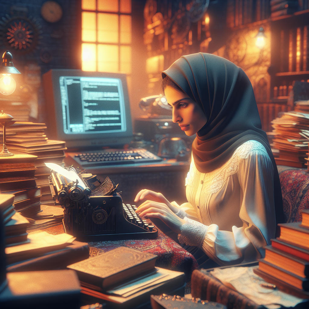 A programmer sitting in a cozy, dimly lit room, surrounded by books and papers, typing away on a vintage typewriter, with a faint glow of a computer screen in the background, warm, nostalgic, retro, film noir atmosphere, 4K, hyper-realistic, concept art by Syd Mead and H.R. Giger