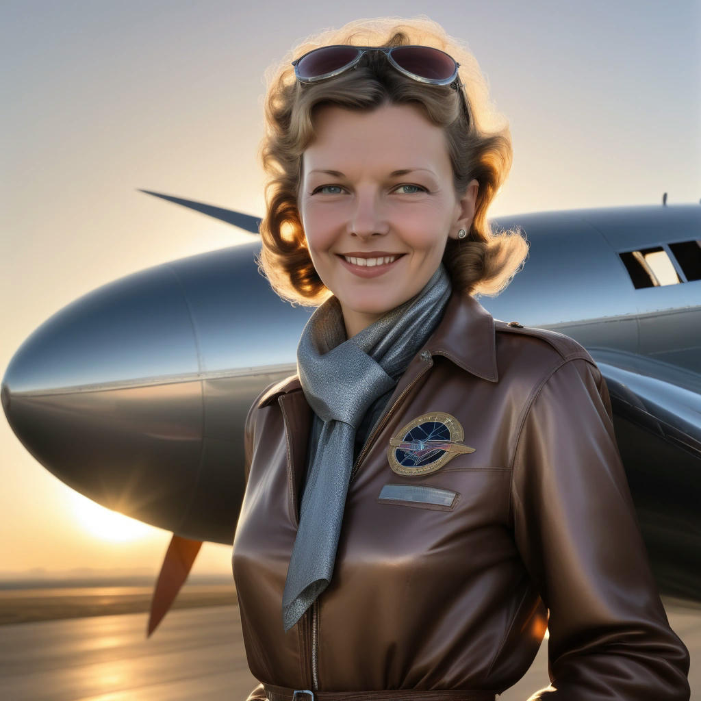 Amelia Earhart stands next to her iconic Lockheed Electra.