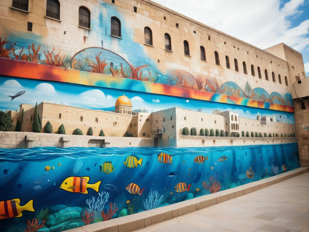 an artistic mural depicting the submerged Wailing Wall, with vibrant colors and marine themes, on a city wall