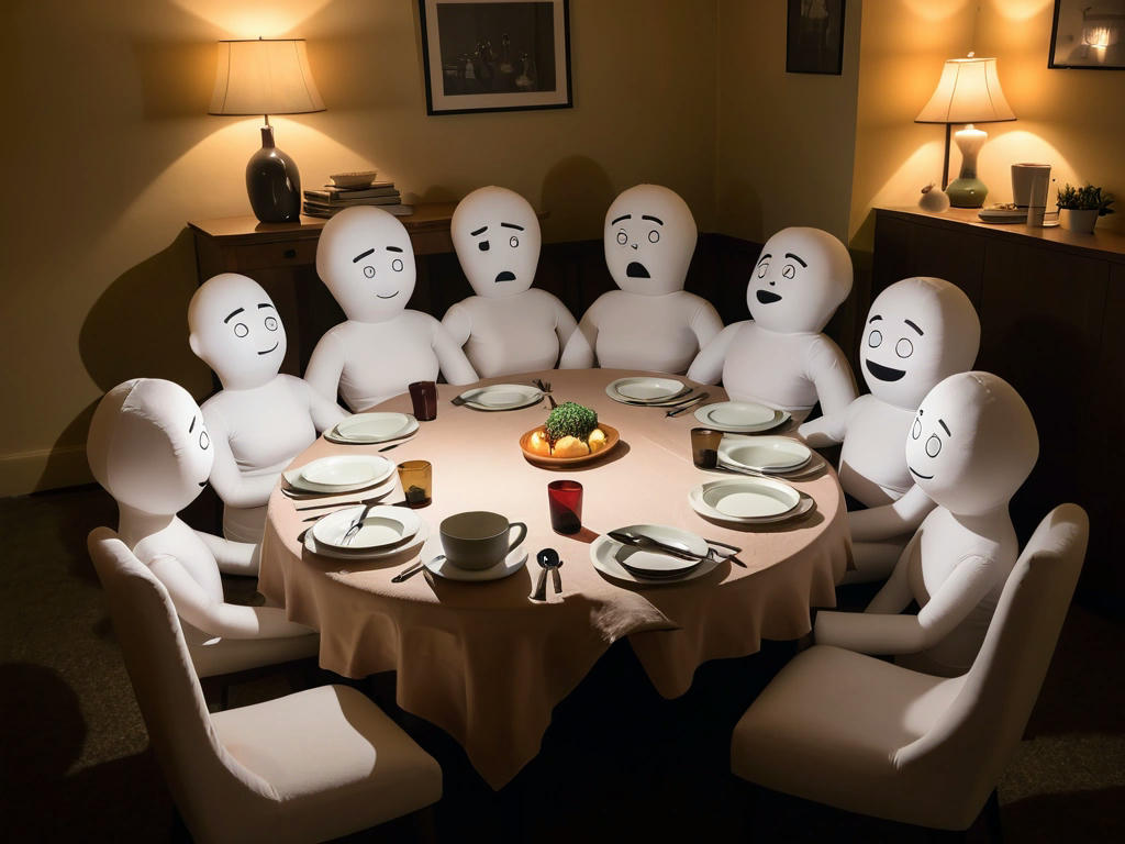 a group of human-shaped pillows arranged around a dining table, each with a different expression, dimly lit room