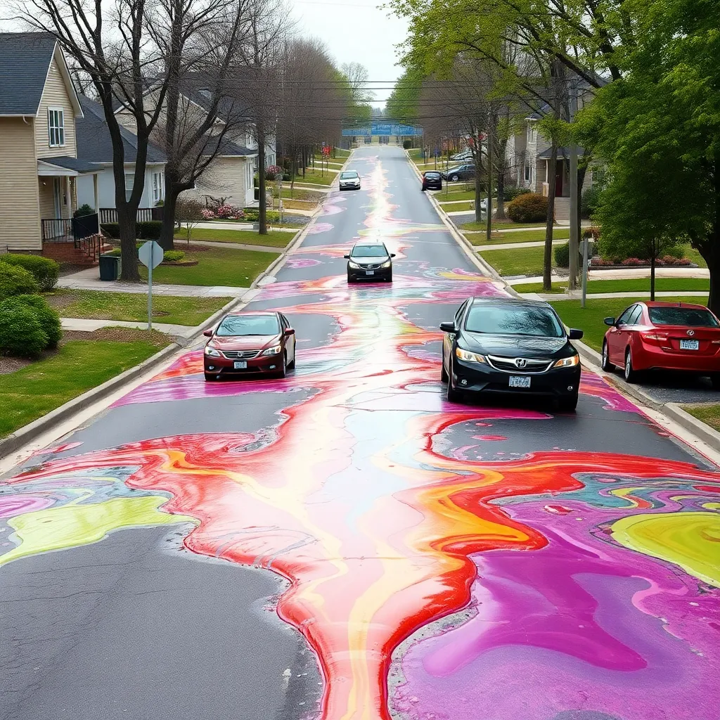 A suburban street where the road has turned into a melting, colorful plastic liquid, cars are sinking into the colorful goo, and the liquid is forming the shape of a weeping face.