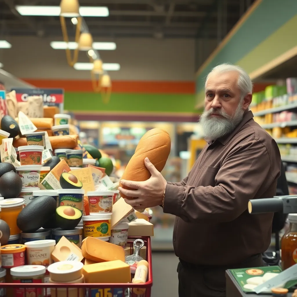 surreal grocery store checkout scene, one confused shopper holding only a loaf of bread but surrounded by avalanche of random expensive items like avocado, artisanal cheese, yogurts, scented candle, cashier with expression of ancient wisdom, bright supermarket lights, humorous realism