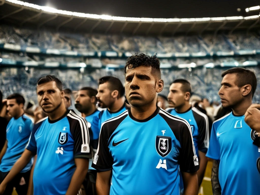 torcedores do Grêmio no estádio, alguns com expressões de tristeza e outros de frustração, bandeiras do Grêmio ao fundo