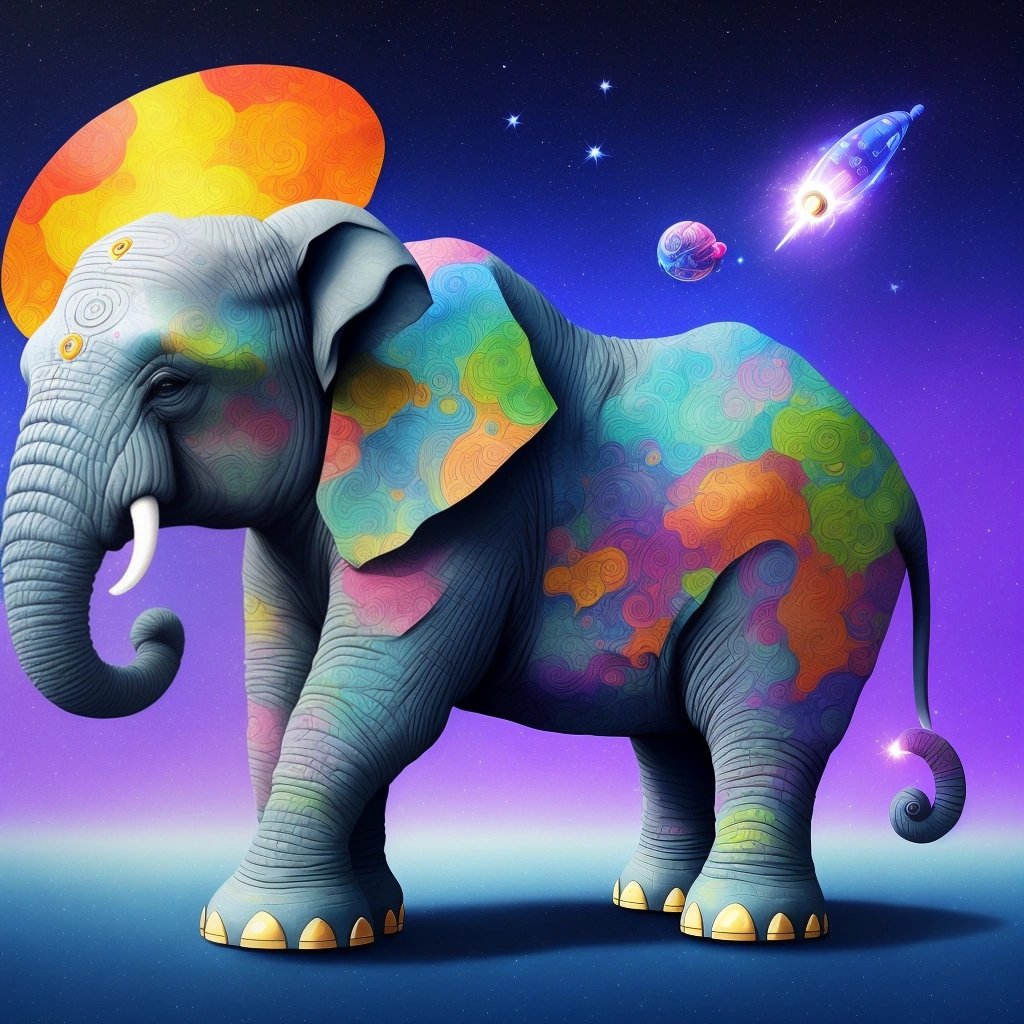Zorbonian elephant moving a spaceship with its trunk.