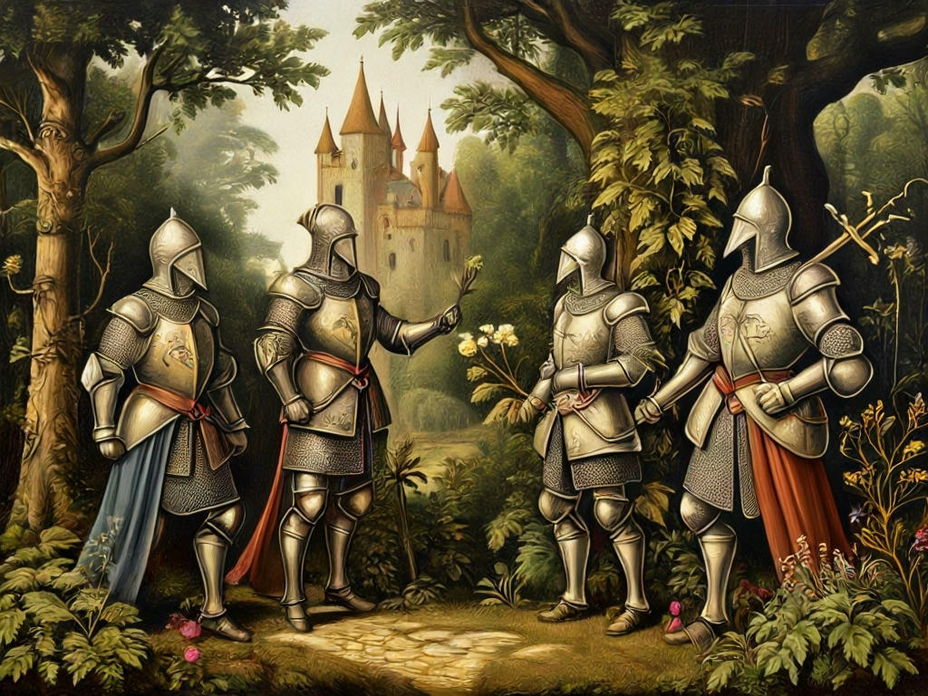 medieval knights presenting an elaborate and impractical shrubbery, with exaggerated designs and whimsical decorations, in a forest clearing