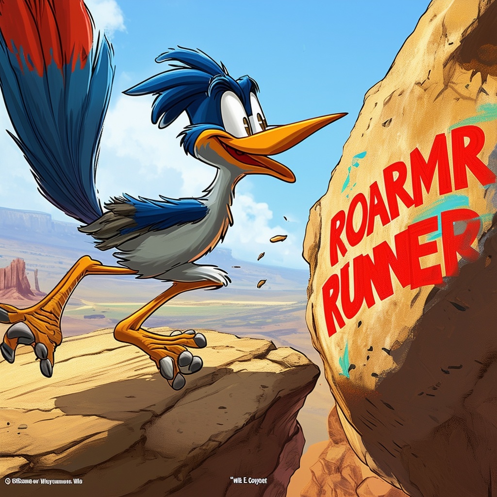 Roadrunner evading an explosive-laden boulder set by Wile E. Coyote.